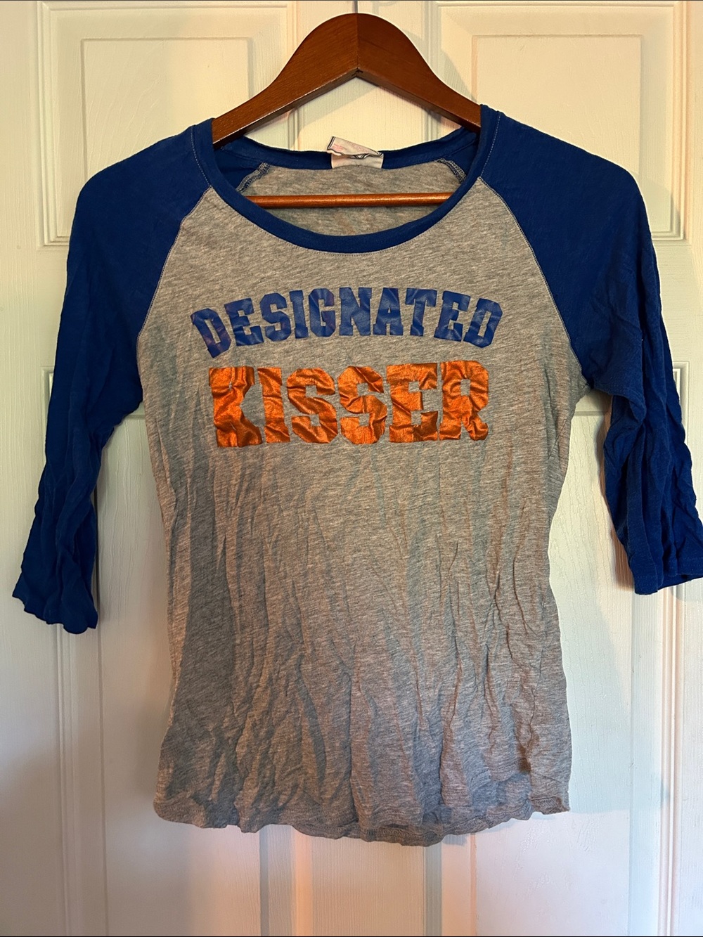 Women’s Pink Victorias Secret Grey and Blue 'Designated Kisser' Mets 3/4 Top